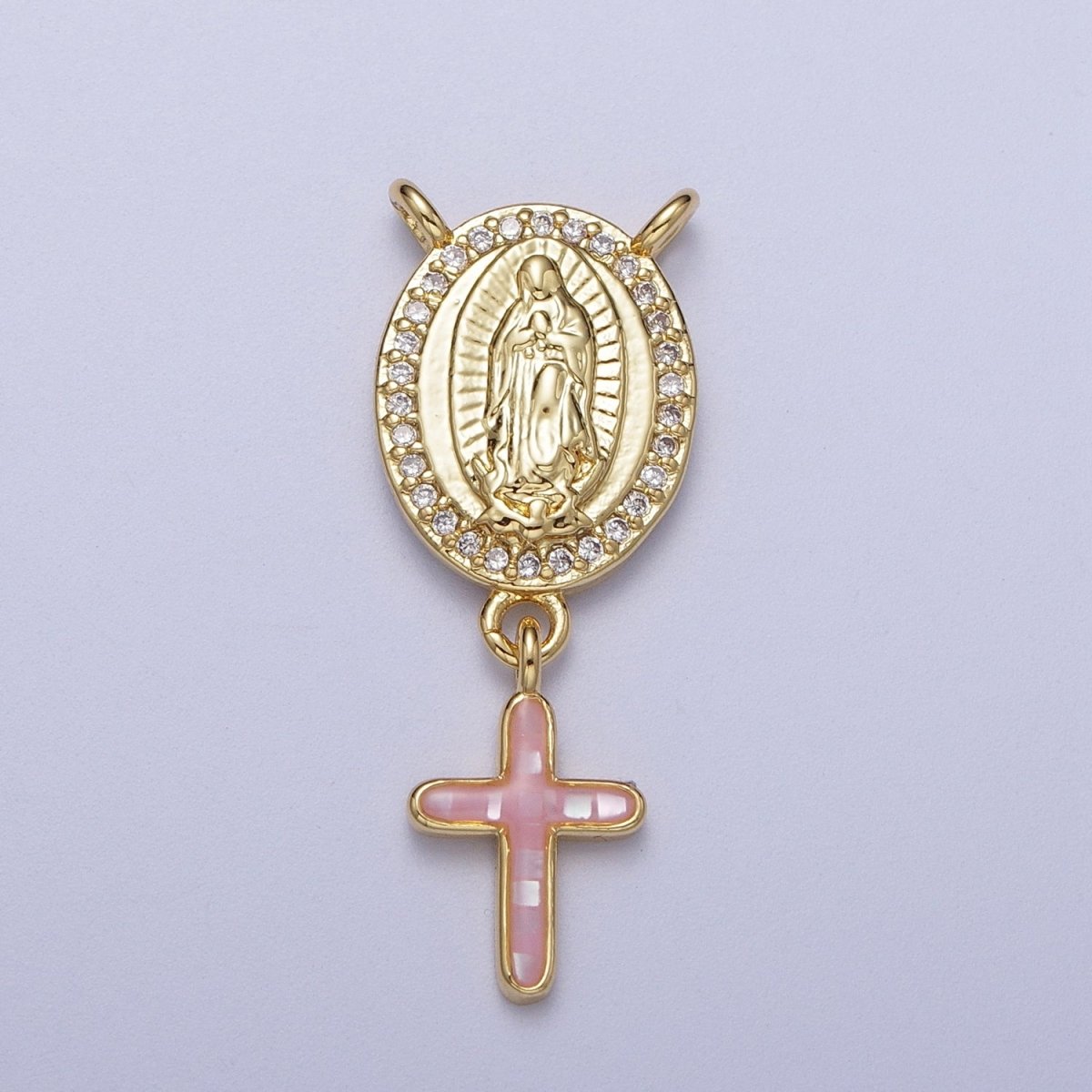 14K Gold Filled Micro Paved Lady Guadalupe Religious Cross Opal Drop Rosary Connector | Y-00630~Y-00634