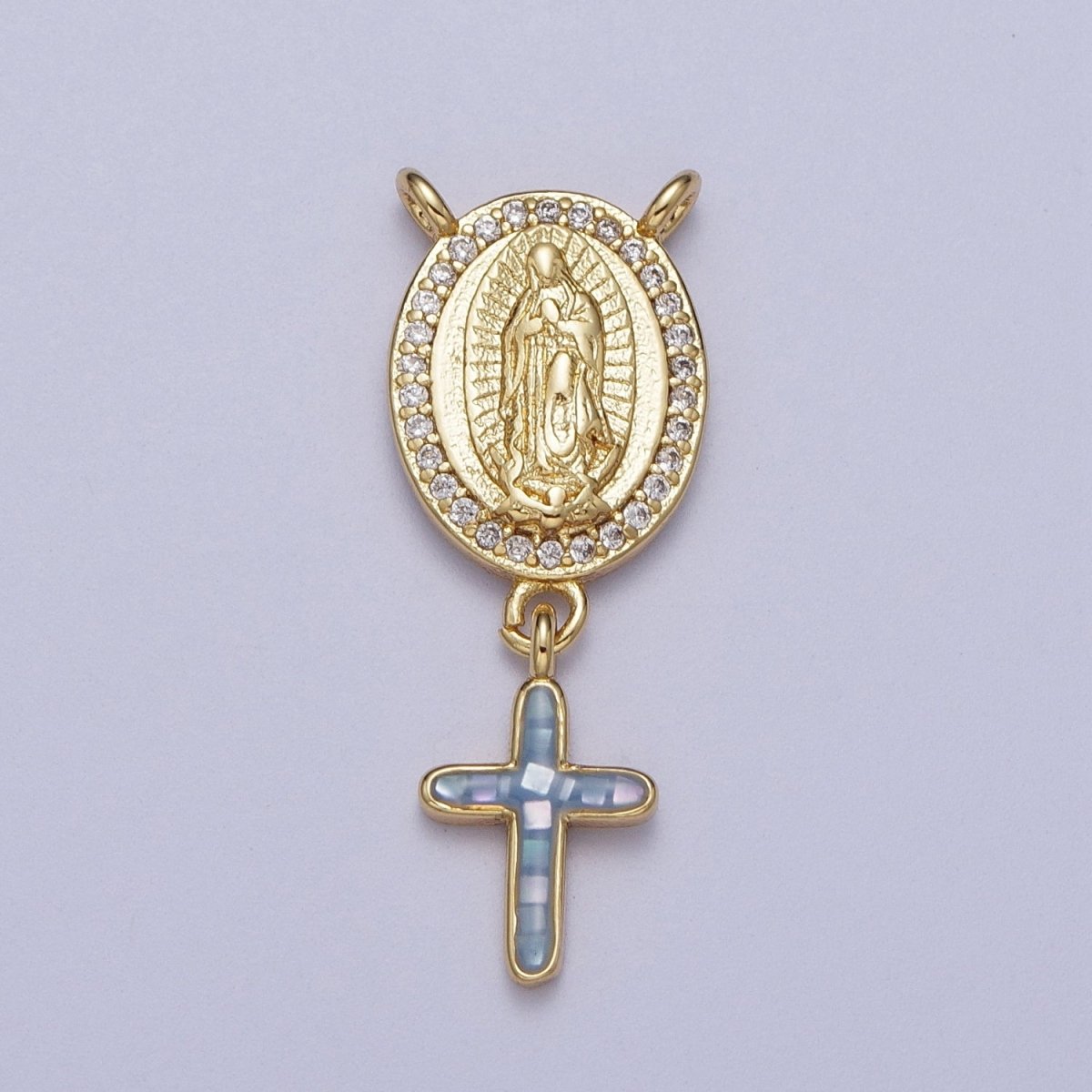 14K Gold Filled Micro Paved Lady Guadalupe Religious Cross Opal Drop Rosary Connector | Y-00630~Y-00634