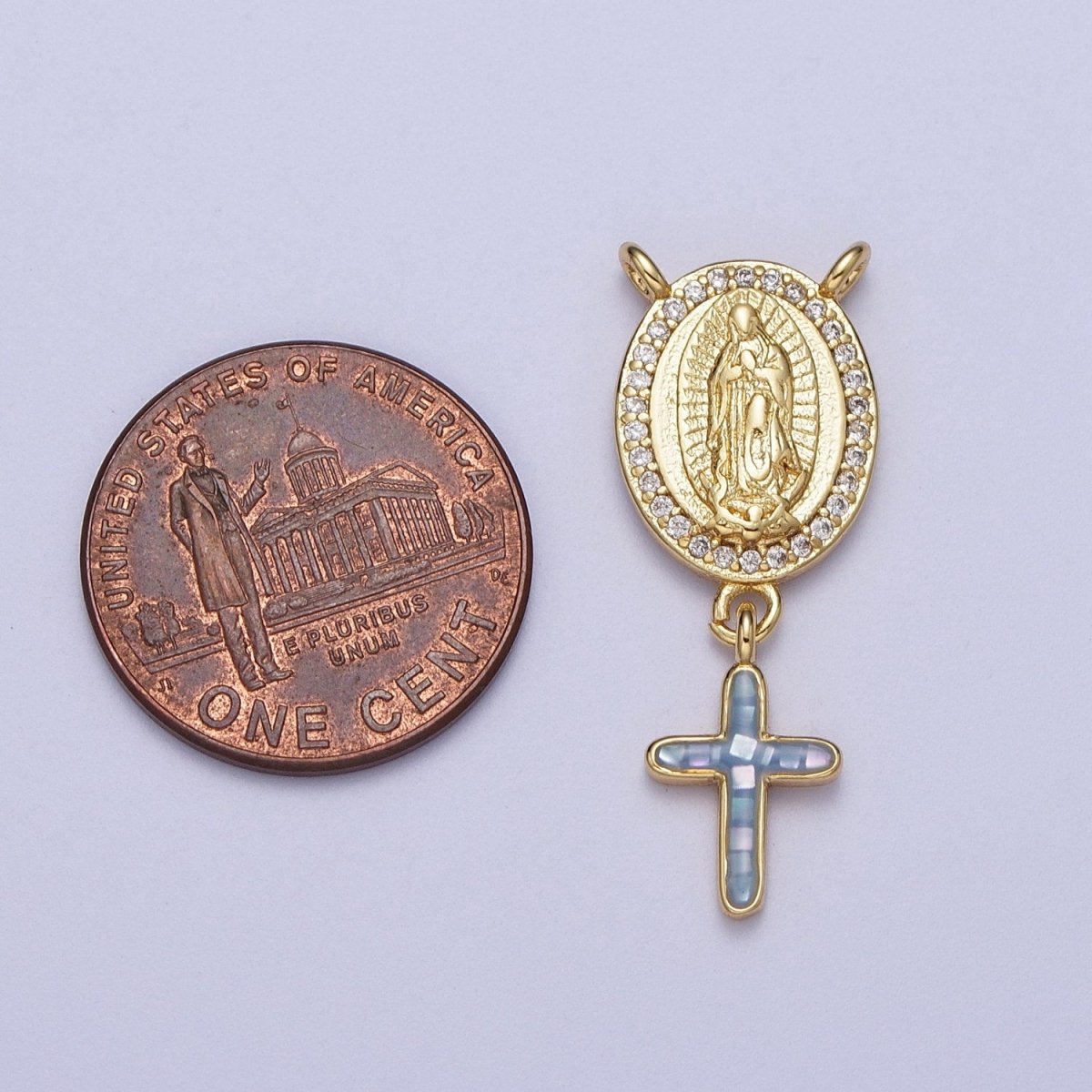 14K Gold Filled Micro Paved Lady Guadalupe Religious Cross Opal Drop Rosary Connector | Y-00630~Y-00634