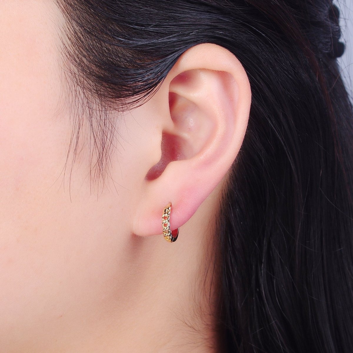 14K Gold Filled Mini Braided Figaro Curb Chain Link Huggie Hoop Earrings P-375