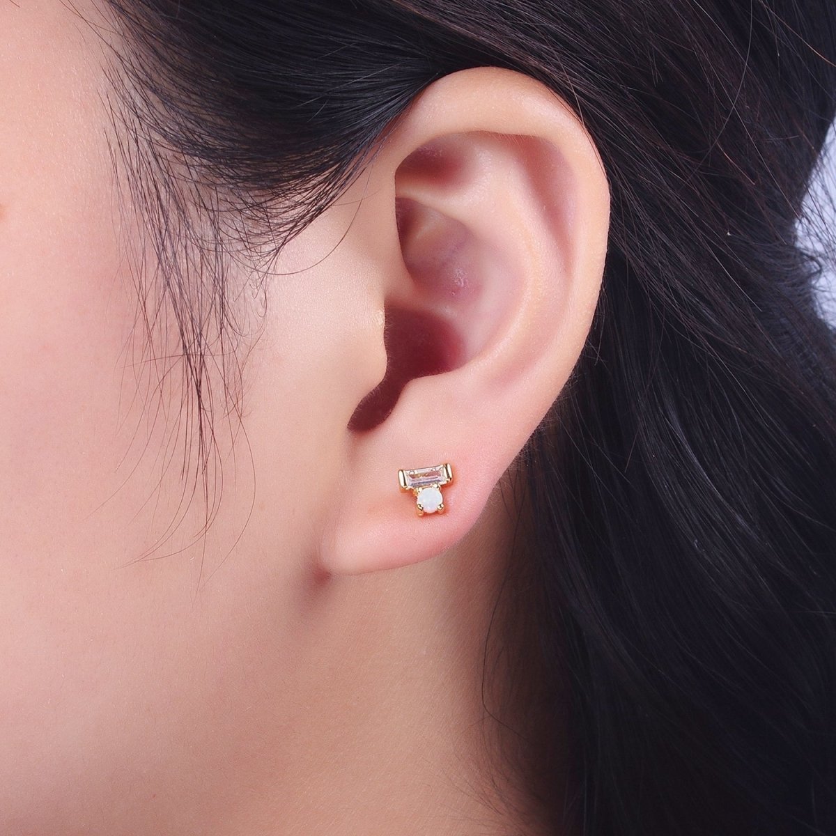 14K Gold Filled Mini White Opal Clear Baguette Stud Earrings | AD-093