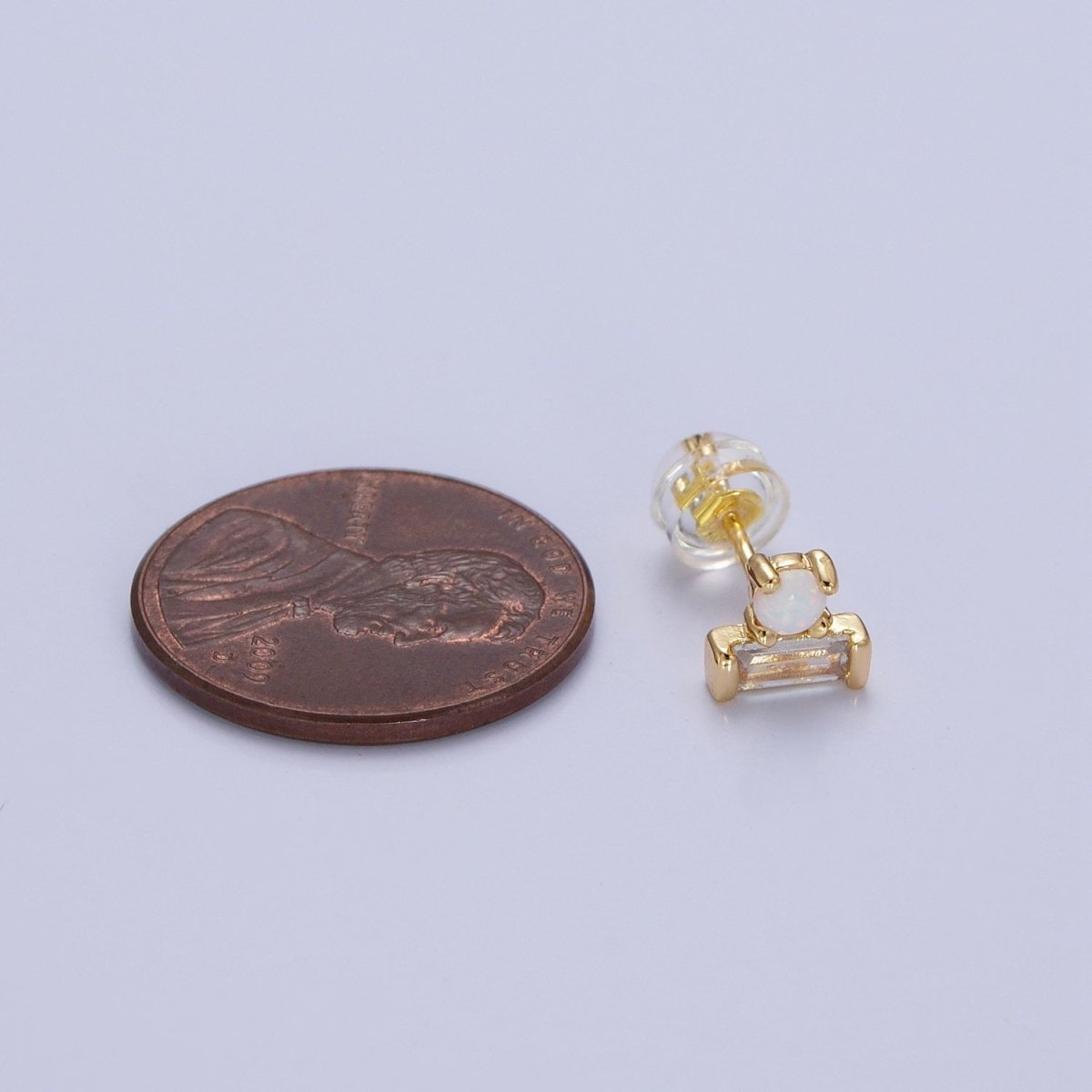 14K Gold Filled Mini White Opal Clear Baguette Stud Earrings | AD-093
