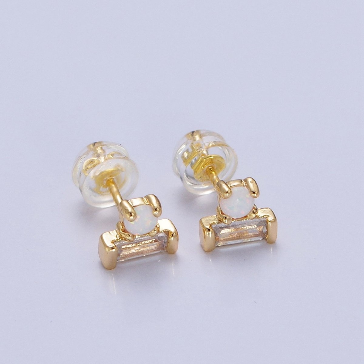 14K Gold Filled Mini White Opal Clear Baguette Stud Earrings | AD-093