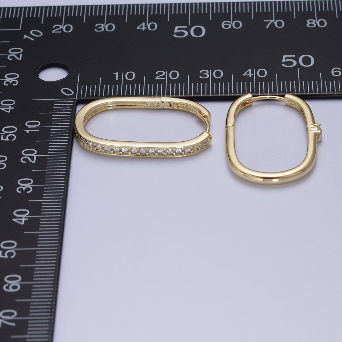 14K Gold Filled Mismatched U Shaped Huggie, Micro Paved & Round Cubic Zirconia Oblong Hoop Earrings Set | AD-054