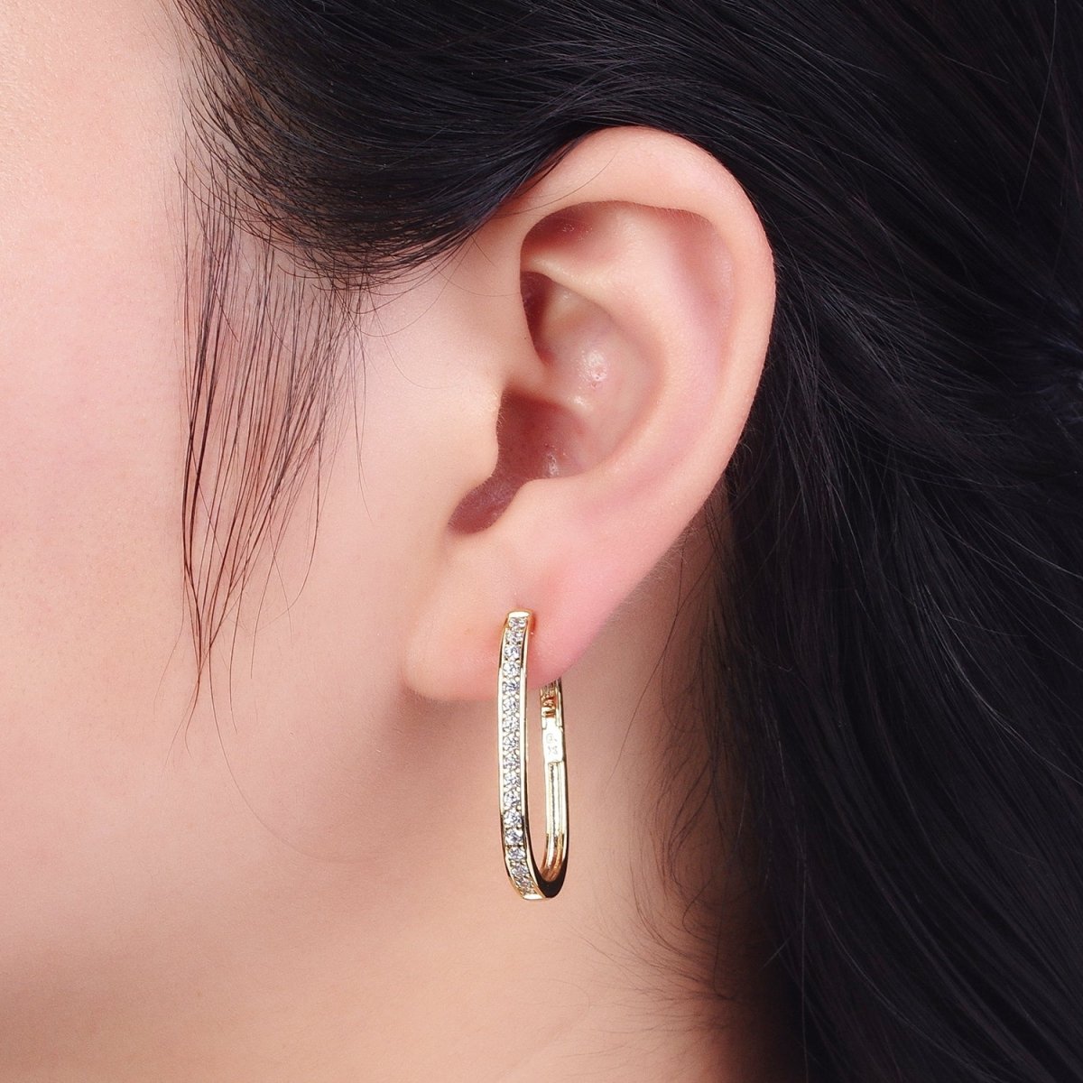 14K Gold Filled Mismatched U Shaped Huggie, Micro Paved & Round Cubic Zirconia Oblong Hoop Earrings Set | AD-054