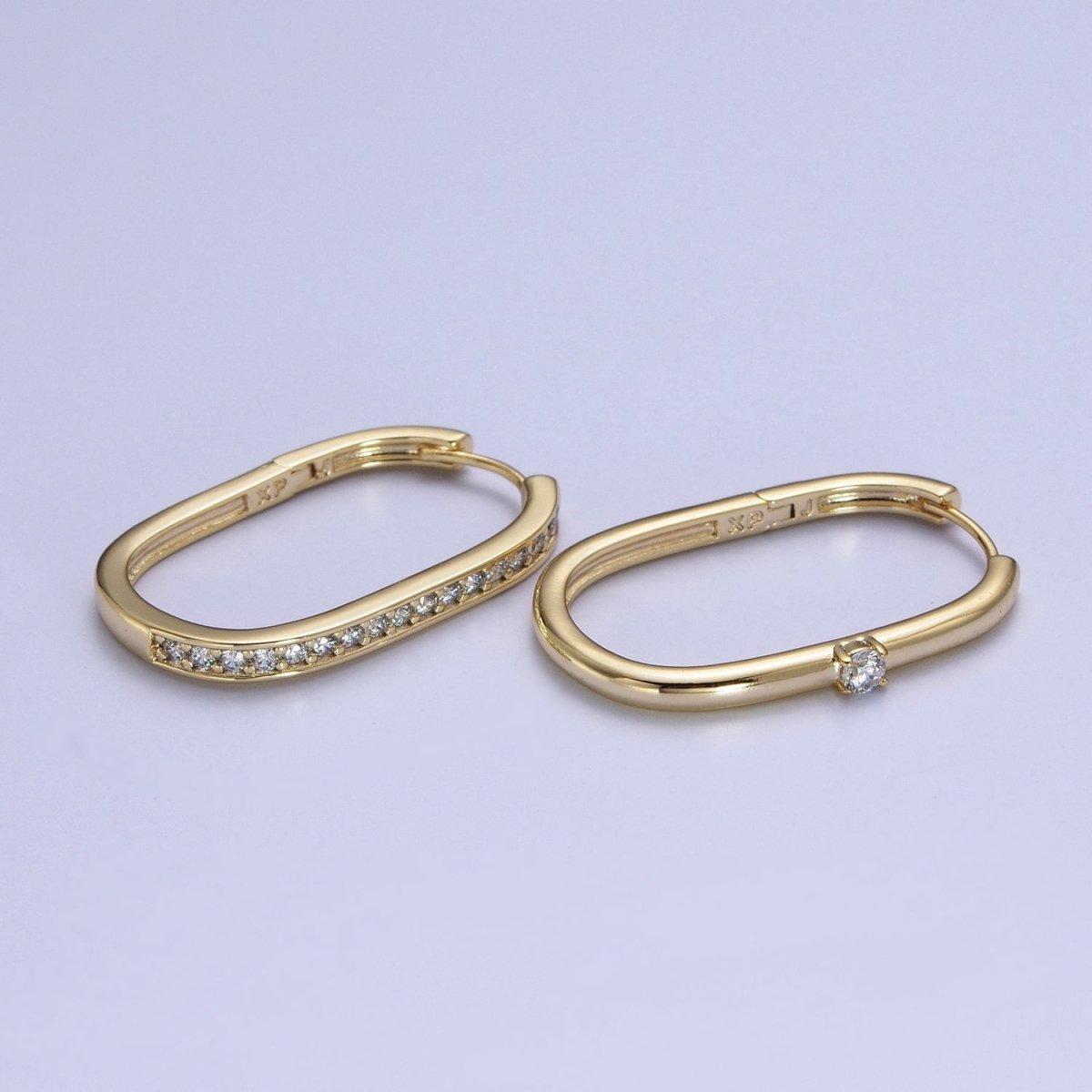 14K Gold Filled Mismatched U Shaped Huggie, Micro Paved & Round Cubic Zirconia Oblong Hoop Earrings Set | AD-054