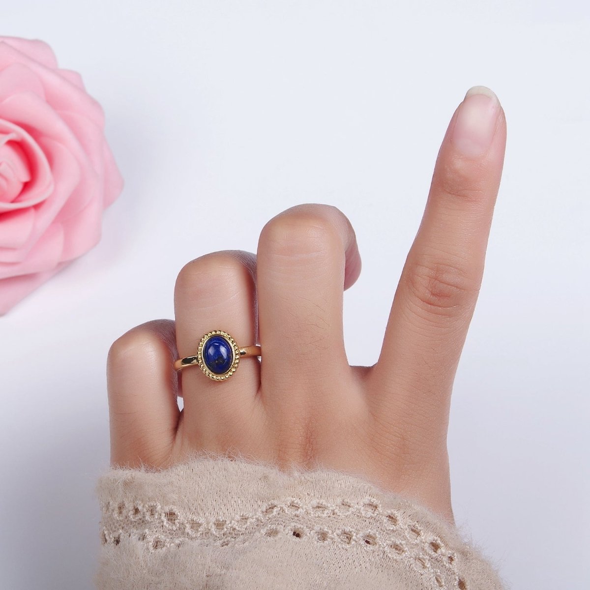 14K Gold Filled Natural Gemstone Cabochon Braided Oval Ring | O1074 - O1078
