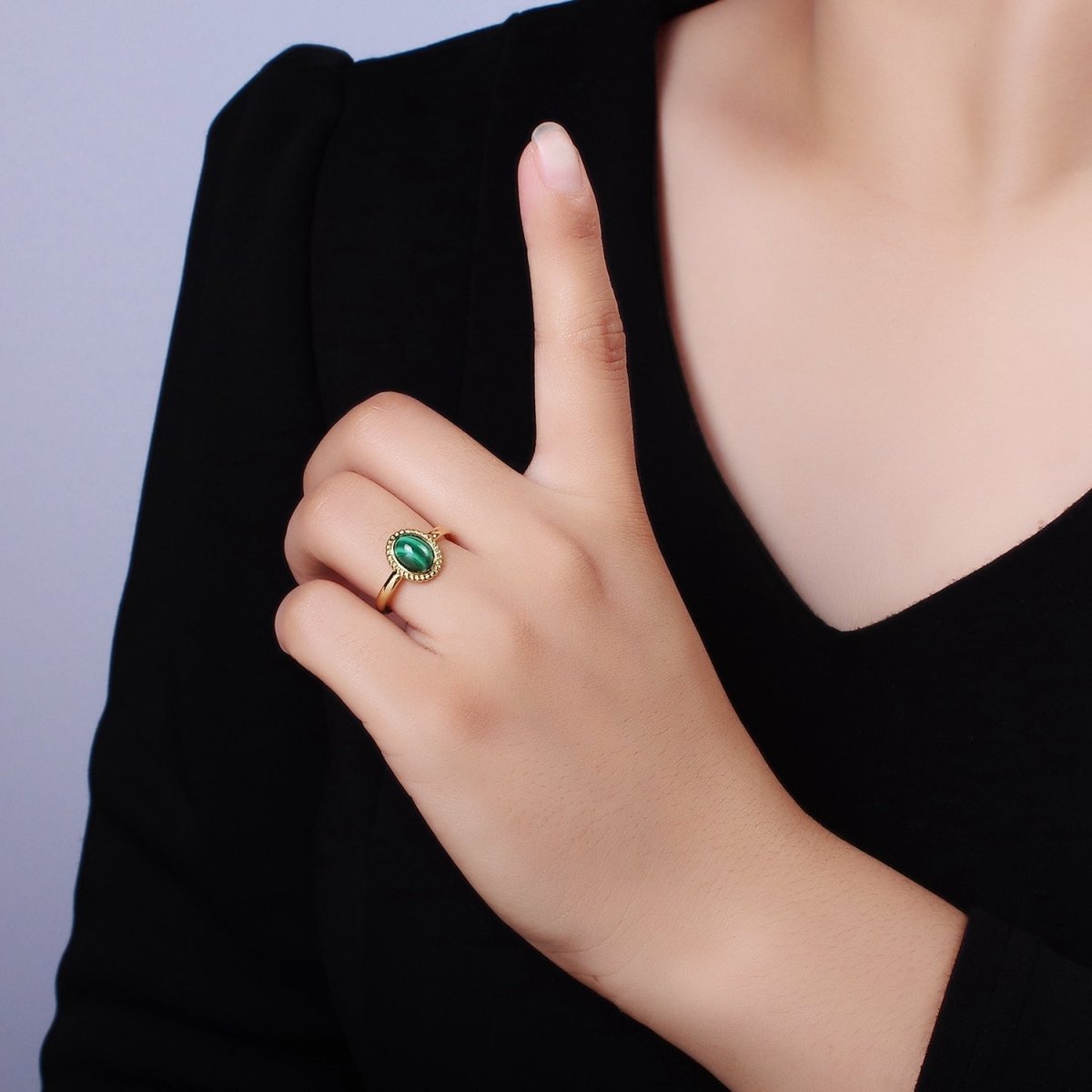 14K Gold Filled Natural Gemstone Cabochon Braided Oval Ring | O1074 - O1078