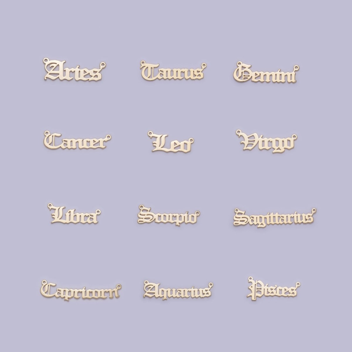 14k Gold Filled Old English Font Zodiac Charms Connector for Necklace Bracelet Link Connector Astrology Necklace Charm Personalized Jewelry Wholesale A-A1725-A-A1730