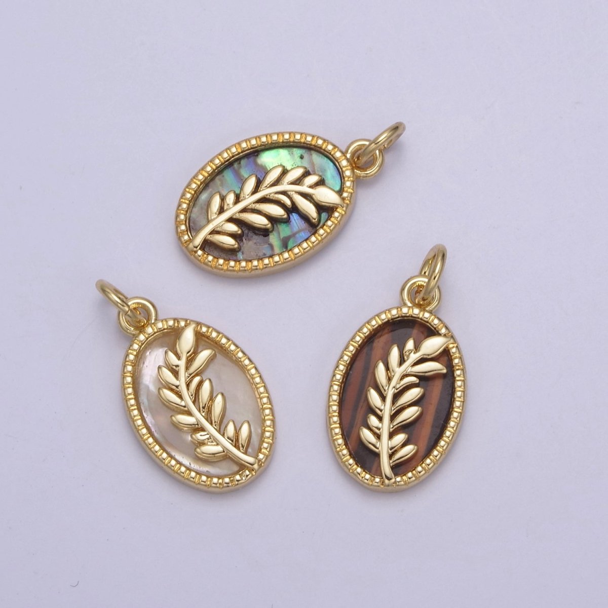 14K Gold Filled Pearl, Tiger Eye, Abalone Shell Charm Pendant Olive Branch Charm for Floral Necklace Bracelet Jewelry Making N-768 - N-770