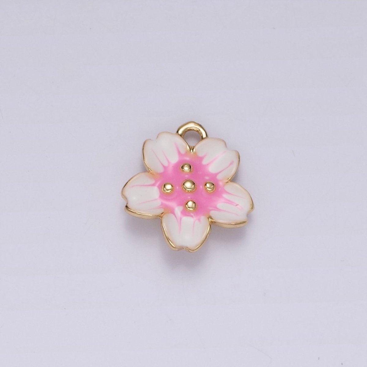 14K Gold Filled Pink White Dotted Sakura Flower Petal Puffed Mini Charm | AG611