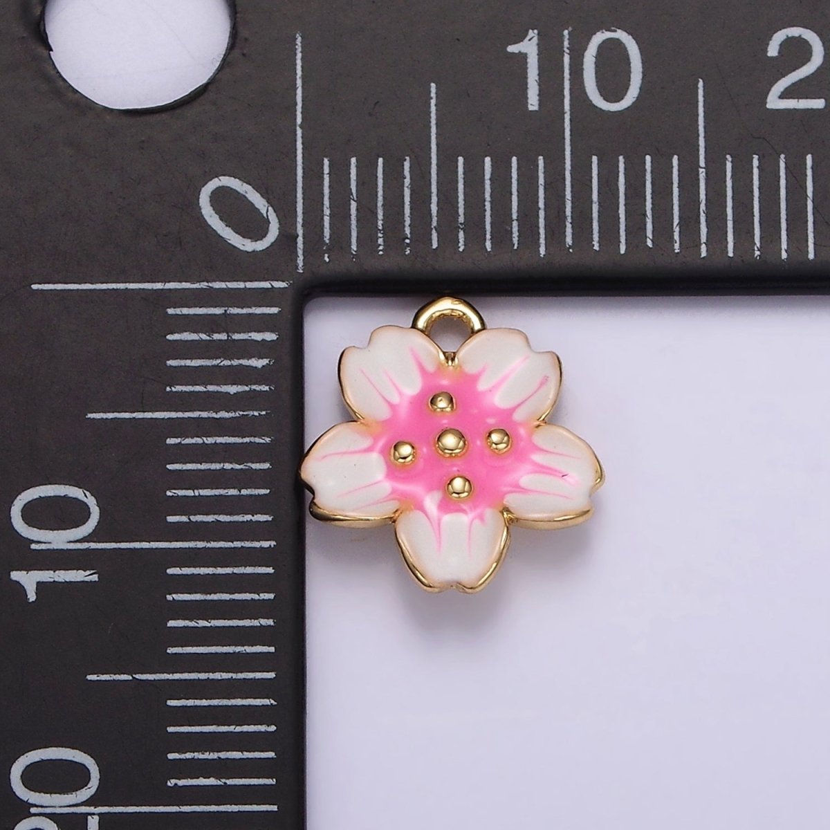 14K Gold Filled Pink White Dotted Sakura Flower Petal Puffed Mini Charm | AG611