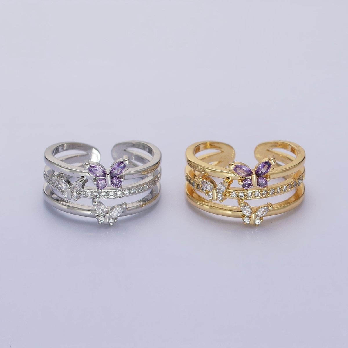 14K Gold Filled Purple CZ Butterfly Mariposa Clear Micro Paved Triple Band Ring in Gold & Silver | O-1559 O-1560