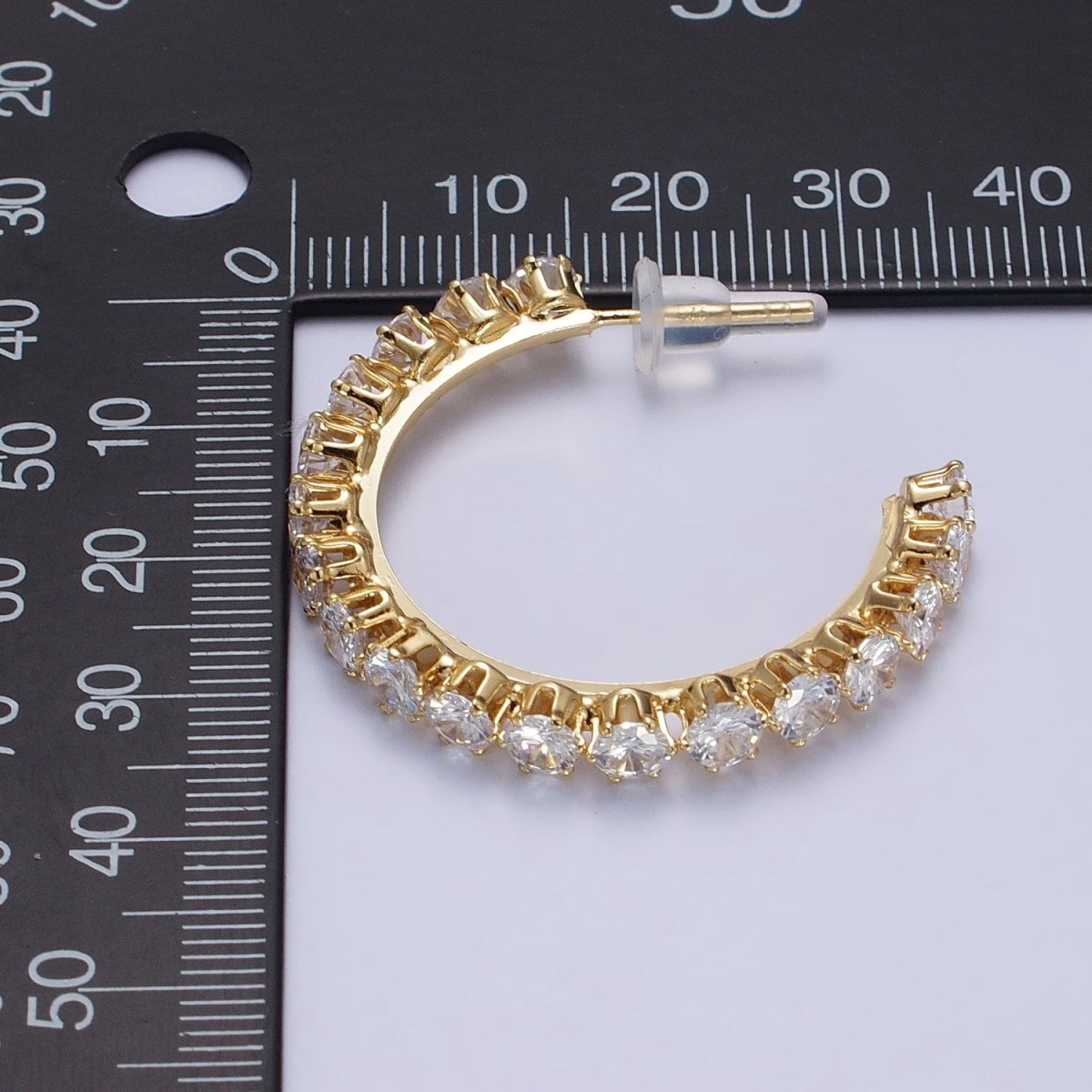 14K Gold Filled Round Clear CZ Lined C-Shaped 36mm Hoop Earrings | AB157