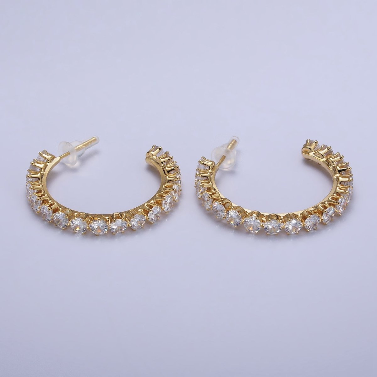 14K Gold Filled Round Clear CZ Lined C-Shaped 36mm Hoop Earrings | AB157