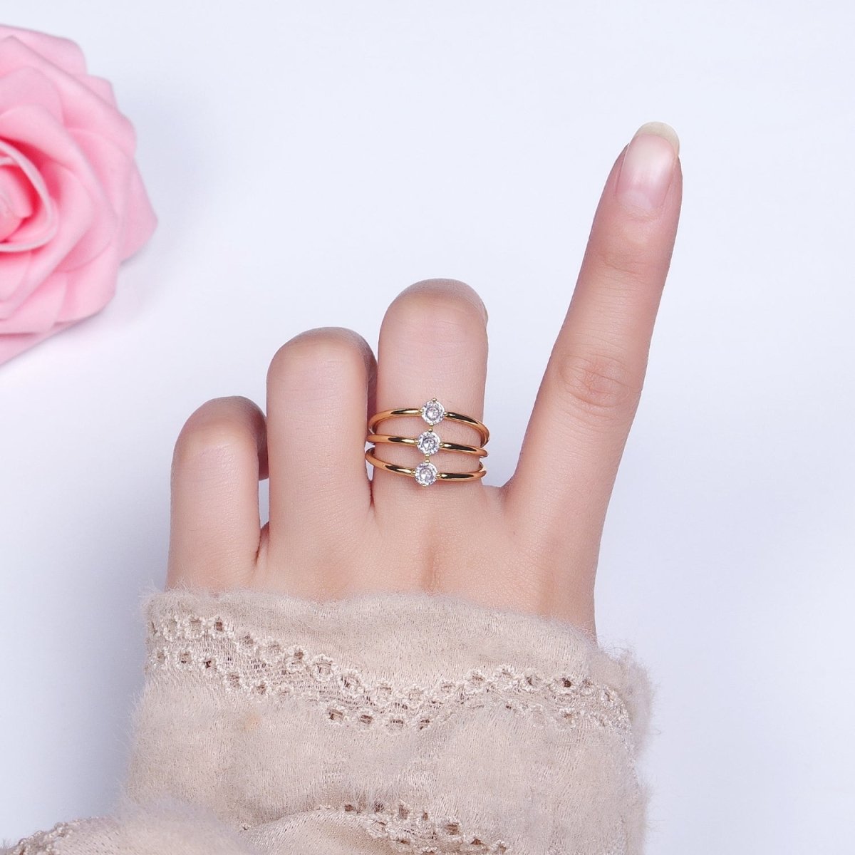 14K Gold Filled Round Clear CZ Triple Band Ring in Gold & Silver | O1950 O1951