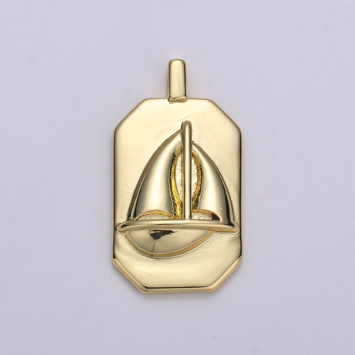 14K Gold Filled Sailboat Charm- Rectangle Medallion Sailboat Pendant - Dainty Charm - for Necklace Bracelet Earring Component J-034