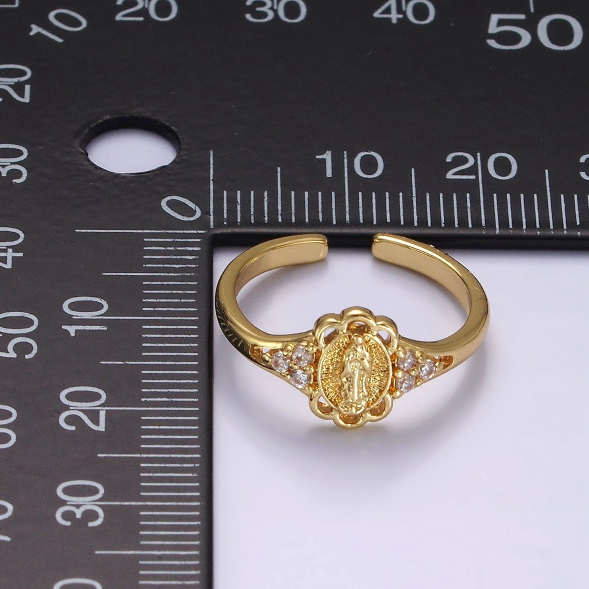 14K Gold Filled Triple CZ Mother Mary Lady Guadalupe Rounded Oval Ring | O1060
