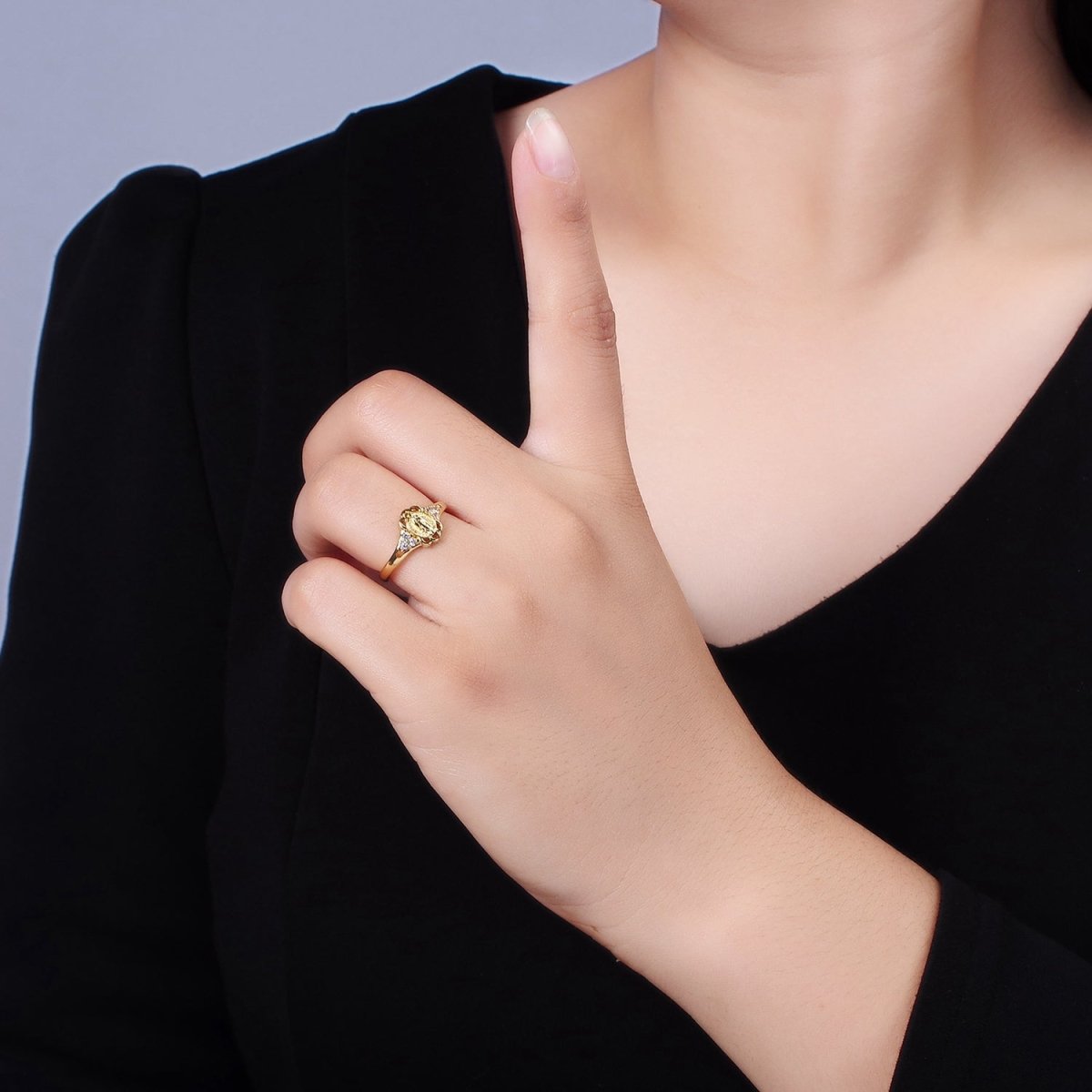 14K Gold Filled Triple CZ Mother Mary Lady Guadalupe Rounded Oval Ring | O1060