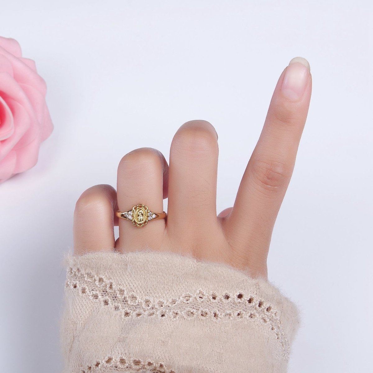 14K Gold Filled Triple CZ Mother Mary Lady Guadalupe Rounded Oval Ring | O1060