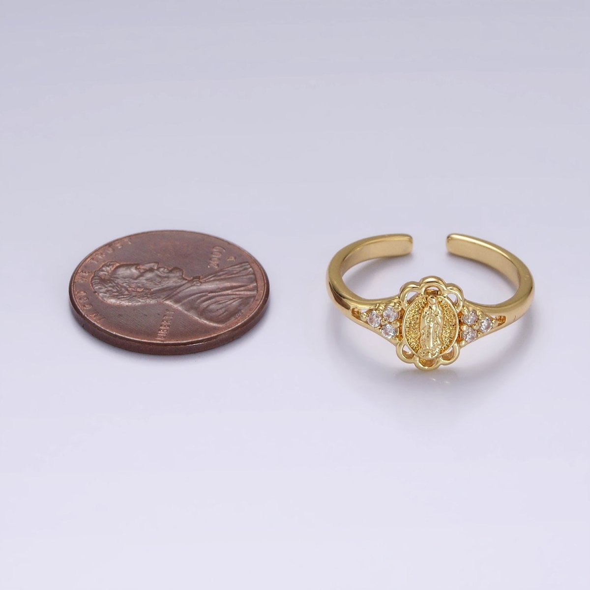 14K Gold Filled Triple CZ Mother Mary Lady Guadalupe Rounded Oval Ring | O1060