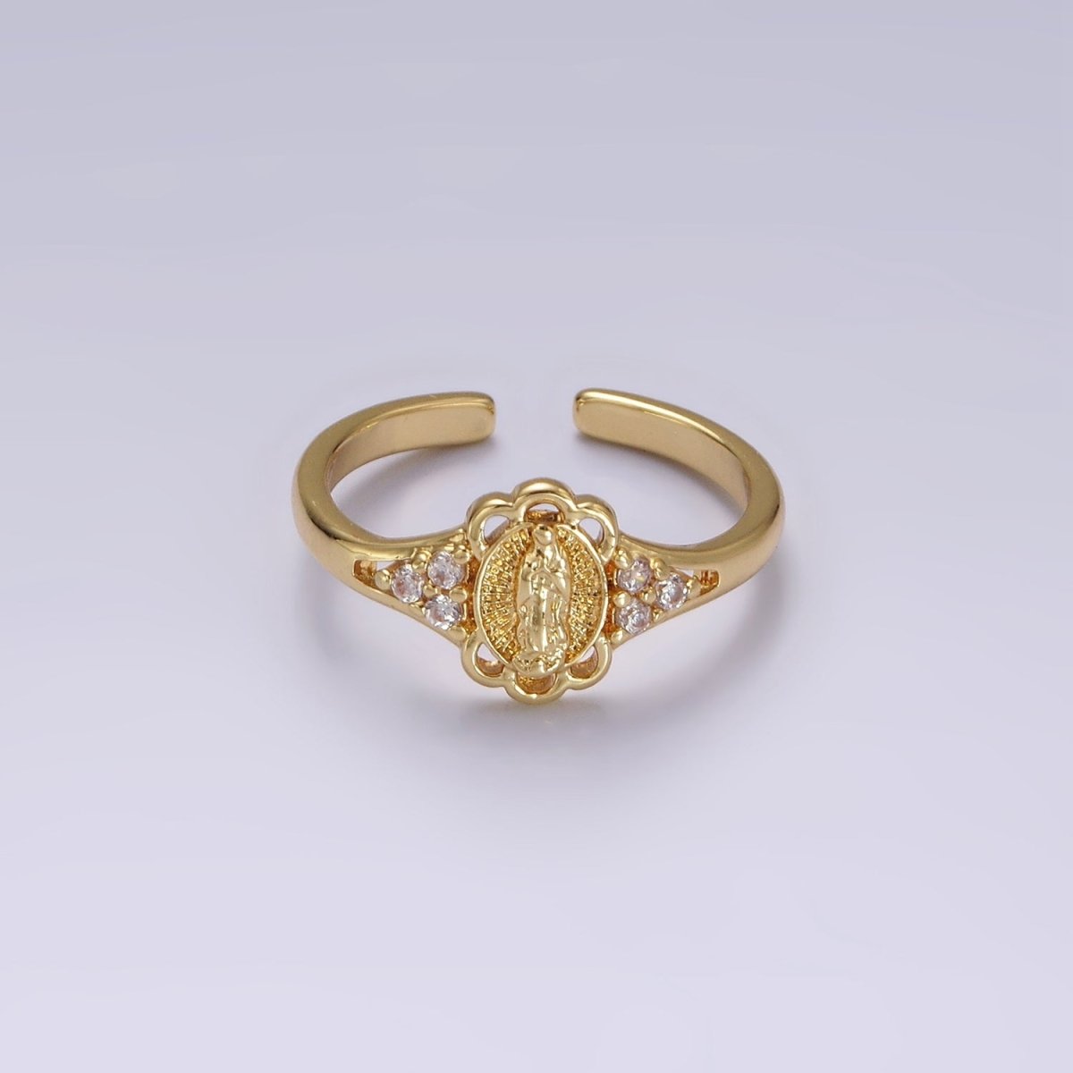 14K Gold Filled Triple CZ Mother Mary Lady Guadalupe Rounded Oval Ring | O1060