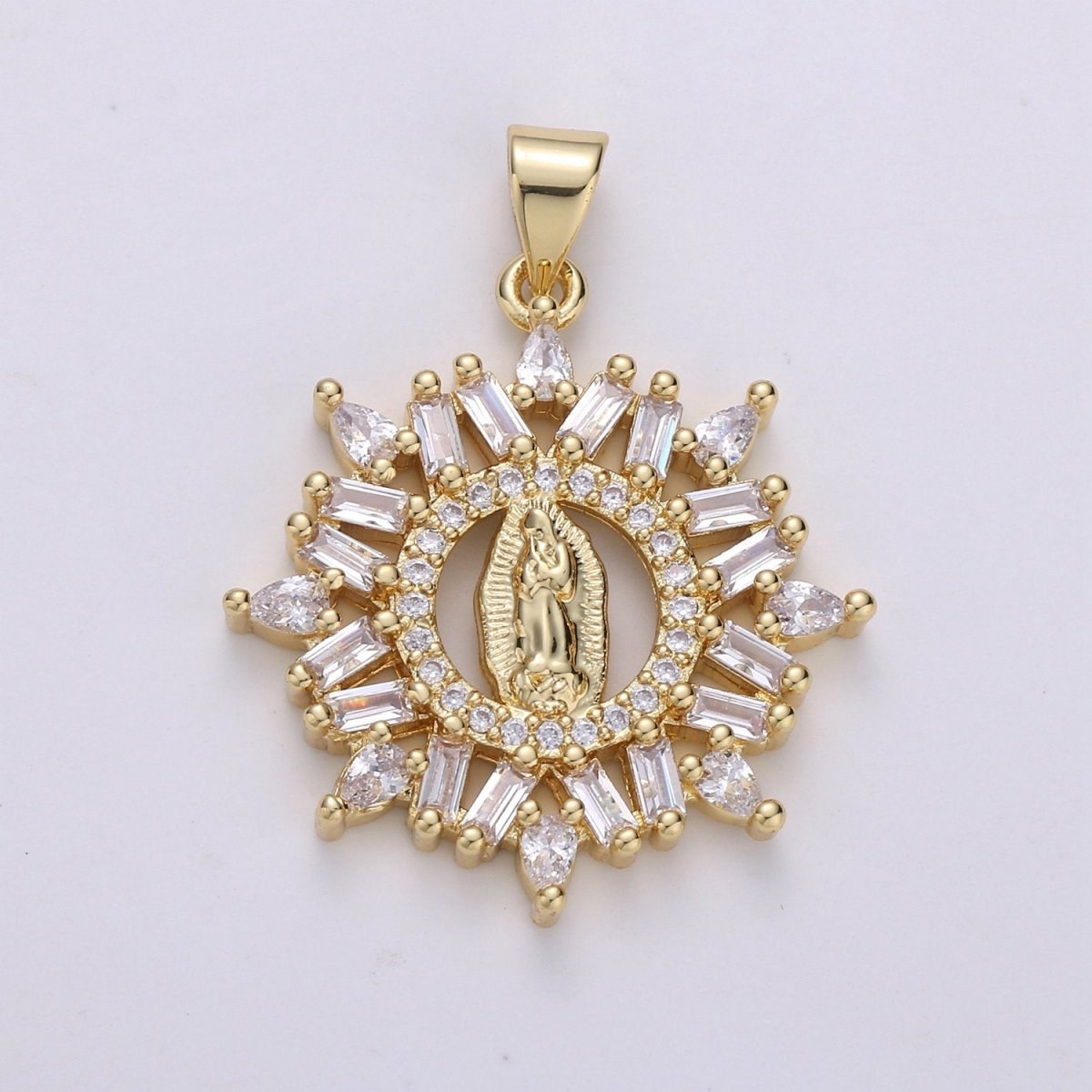 14K Gold Filled Virgin Mary Pendant, Cluster CZ Pendant Craft Supplies For Necklace Bracelet Jewelry Making Micro Pave Baguette Charm I-698