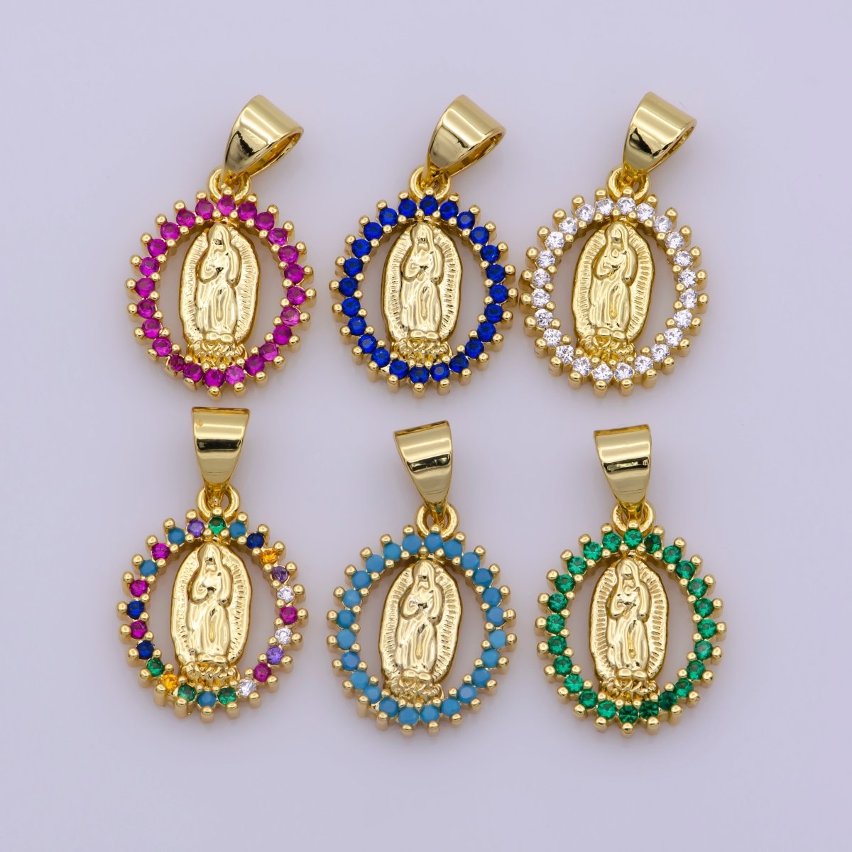 14k Gold Filled Virgin Mary Pendant Necklace Pink Micro Pave Virgen de Guadalupe Medallion Pendant for Necklace Religious Jewelry Supply I-901~I-904 N-1406