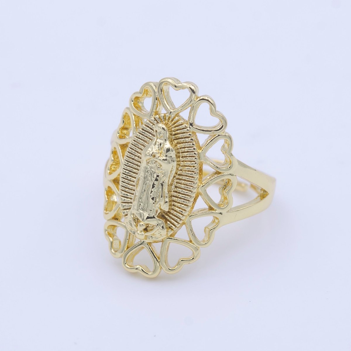 14K Gold Filled Virgin Mother Mary Religious Heart Adjustable Ring | O-166