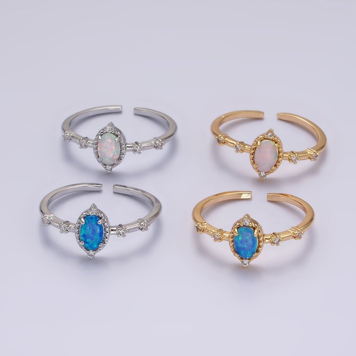 14K Gold Filled White, Blue Oval Opal CZ Ring in Silver & Gold | O1090 - O1093