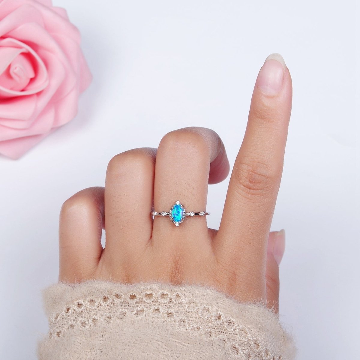 14K Gold Filled White, Blue Oval Opal CZ Ring in Silver & Gold | O1090 - O1093