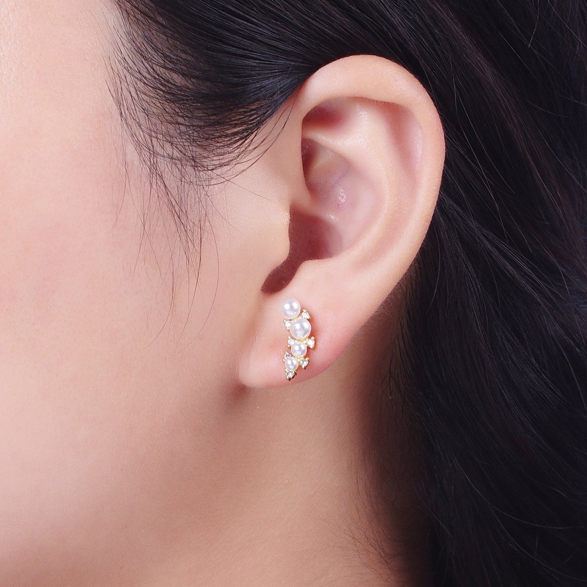 14K Gold Filled White Pearl CZ Curved Lined Stud Earrings | AD-116