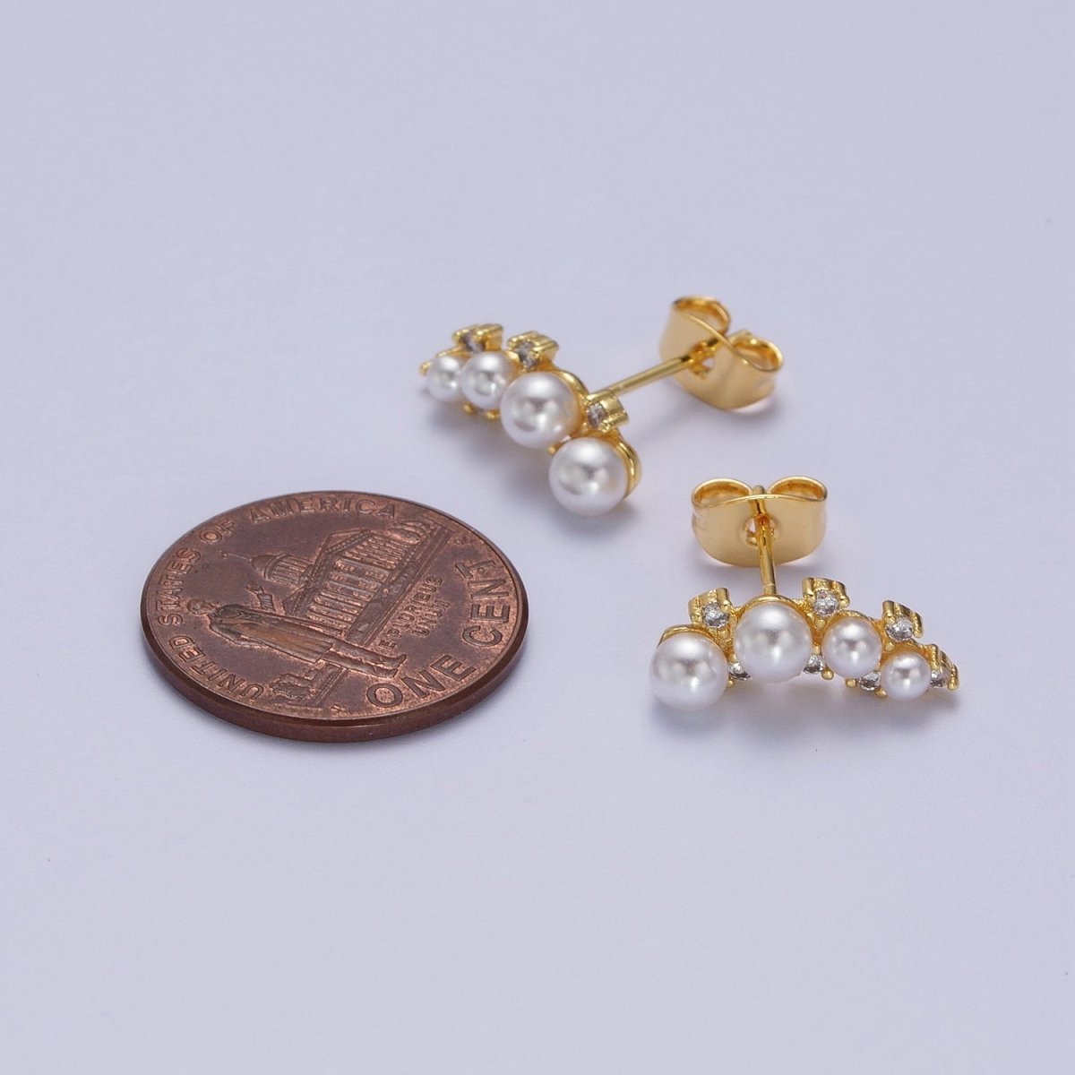 14K Gold Filled White Pearl CZ Curved Lined Stud Earrings | AD-116