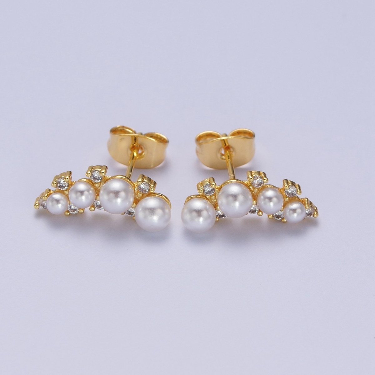 14K Gold Filled White Pearl CZ Curved Lined Stud Earrings | AD-116