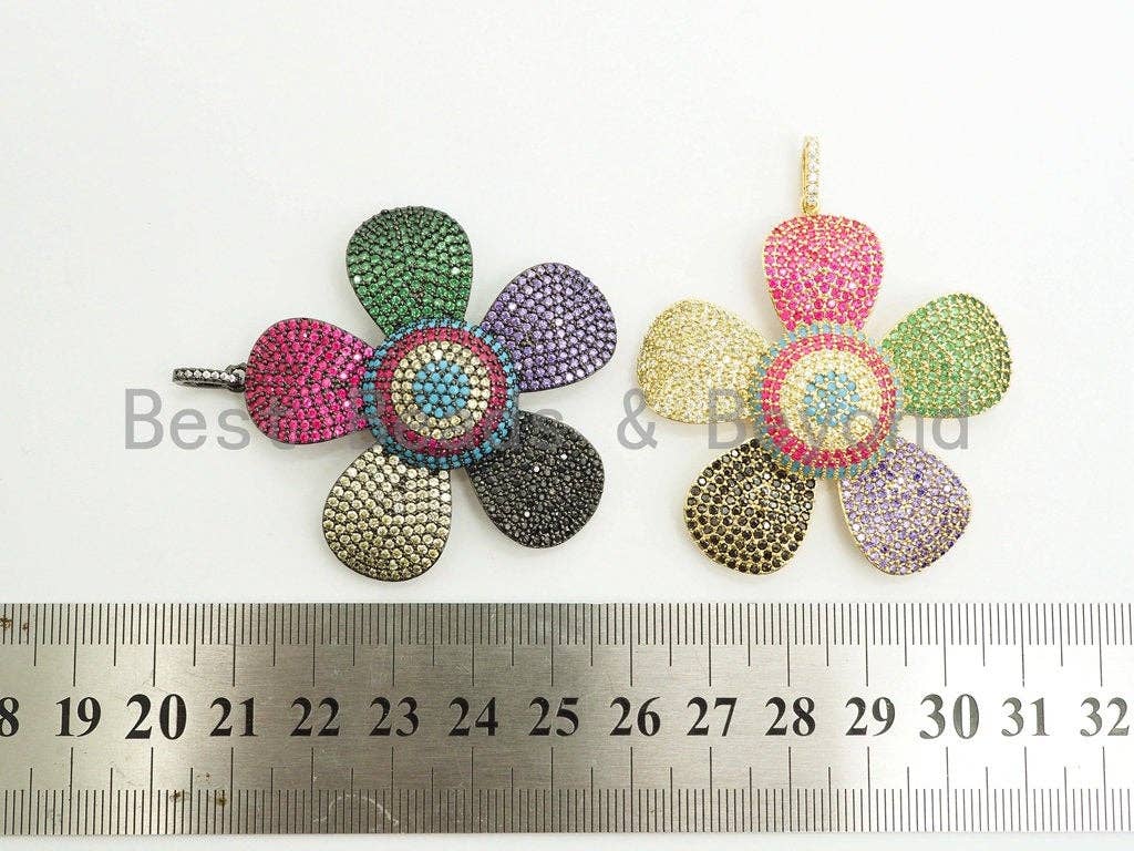 58mm Large CZ Multi-color Micro Pave Plum Flower Focal Pendant,Cubic Zirconia Paved Charm in Gold,Silver, Rose Gold,Gunmetal,sku#F488