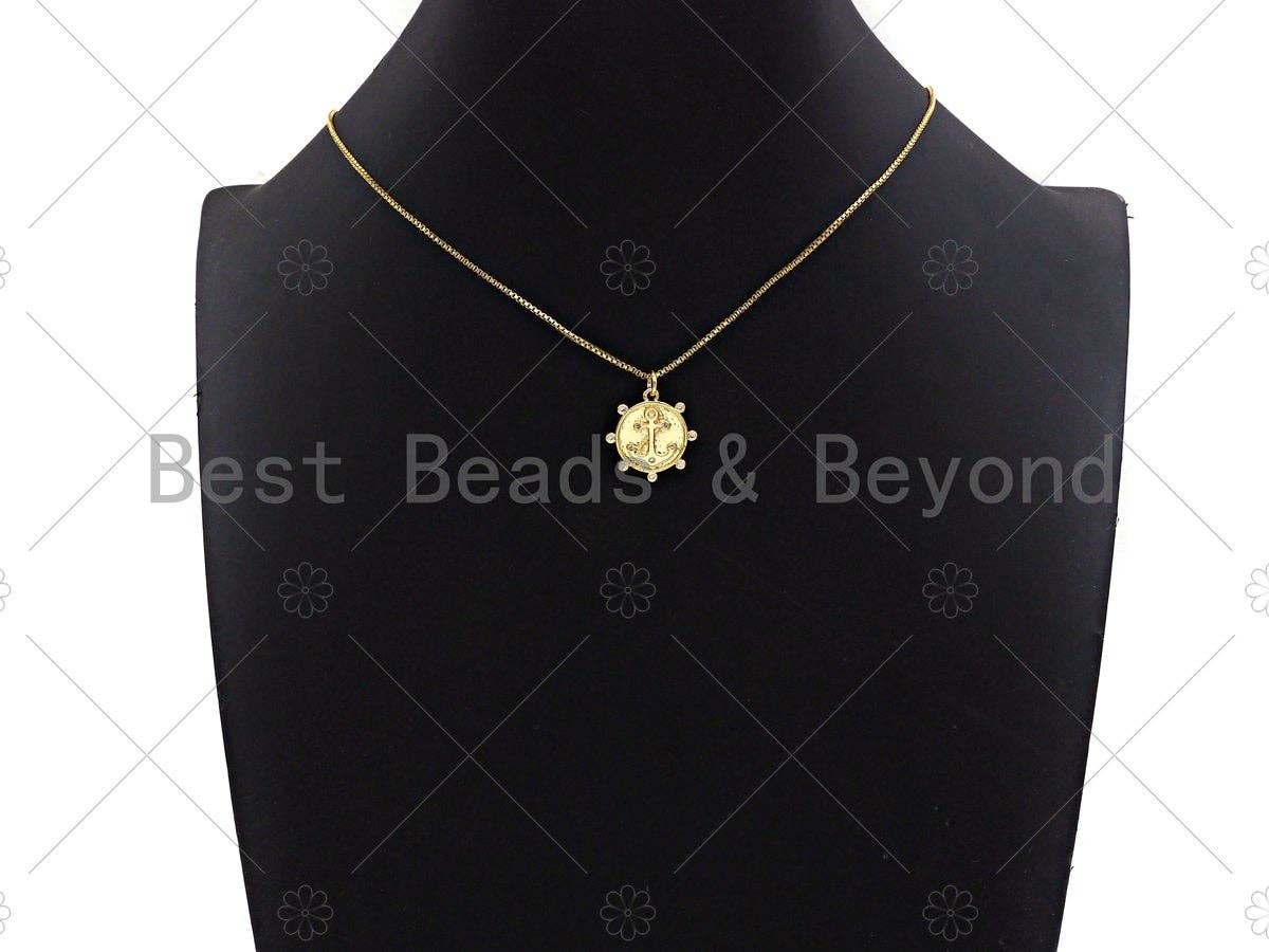 CZ Micro Pave Boat Anchor Coin Pendant/Charm,Sku#L384
