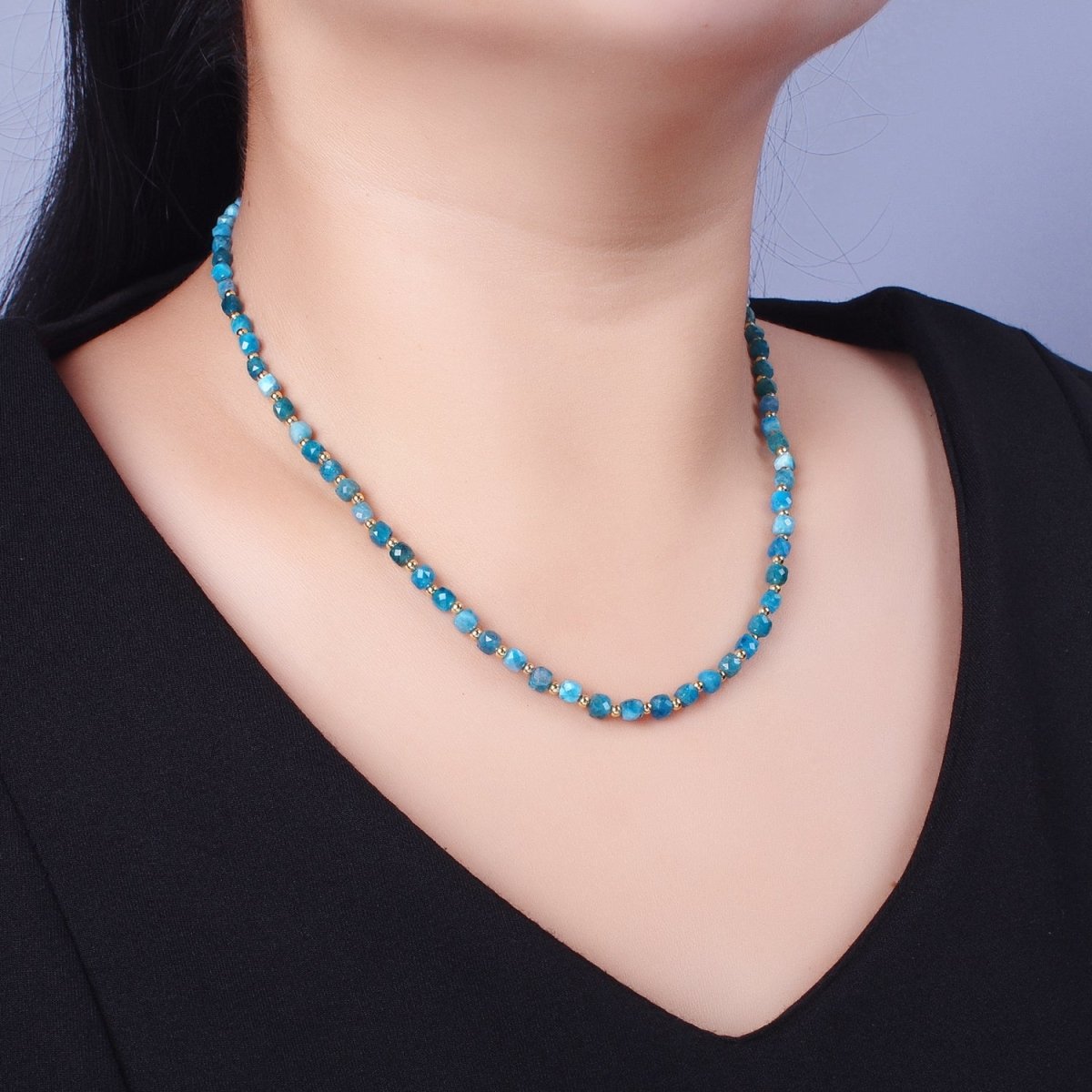 15.5 Inch Natural Blue Apatite Multifaceted Cube Gemstone w. Gold Bead Choker Necklace | WA-1426 Clearance Pricing