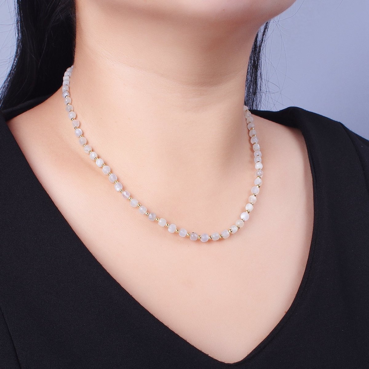 15.5 Inch Natural Grey-White Moonstone Multi Faceted Cube Gemstone w. Gold Bead Choker Necklace | WA-1424 Clearance Pricing