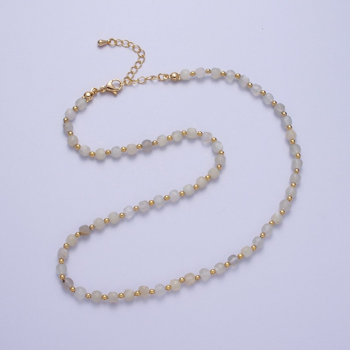 15.5 Inch Natural Grey-White Moonstone Multi Faceted Cube Gemstone w. Gold Bead Choker Necklace | WA-1424 Clearance Pricing