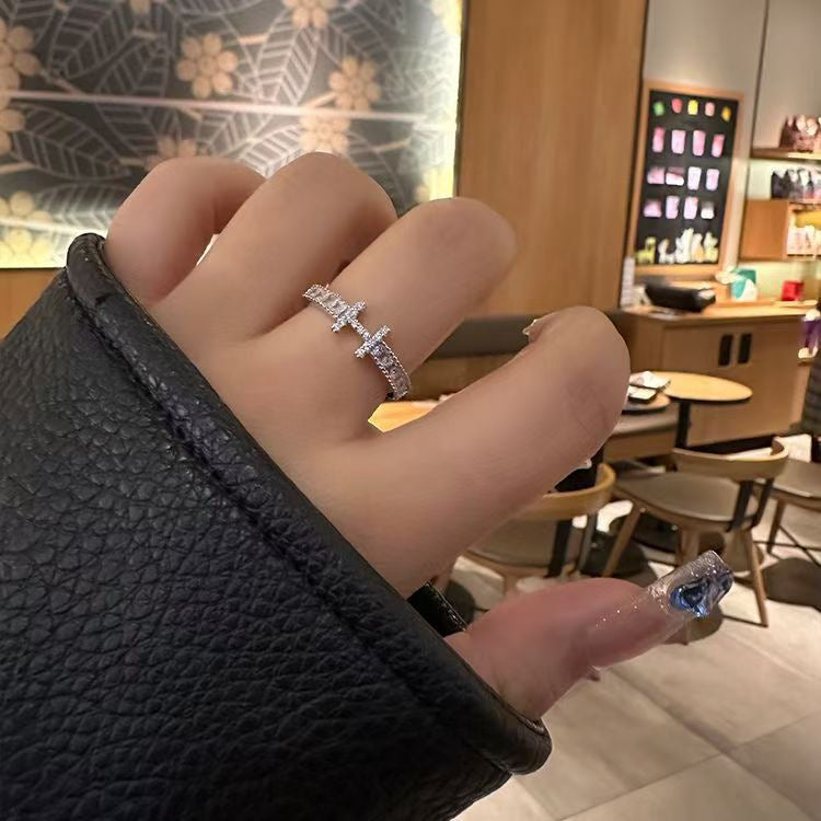 Vintage Baguette Cut CZ Band Ring, Textured Milgrain Edge Plated Silver Statement Ring For Women