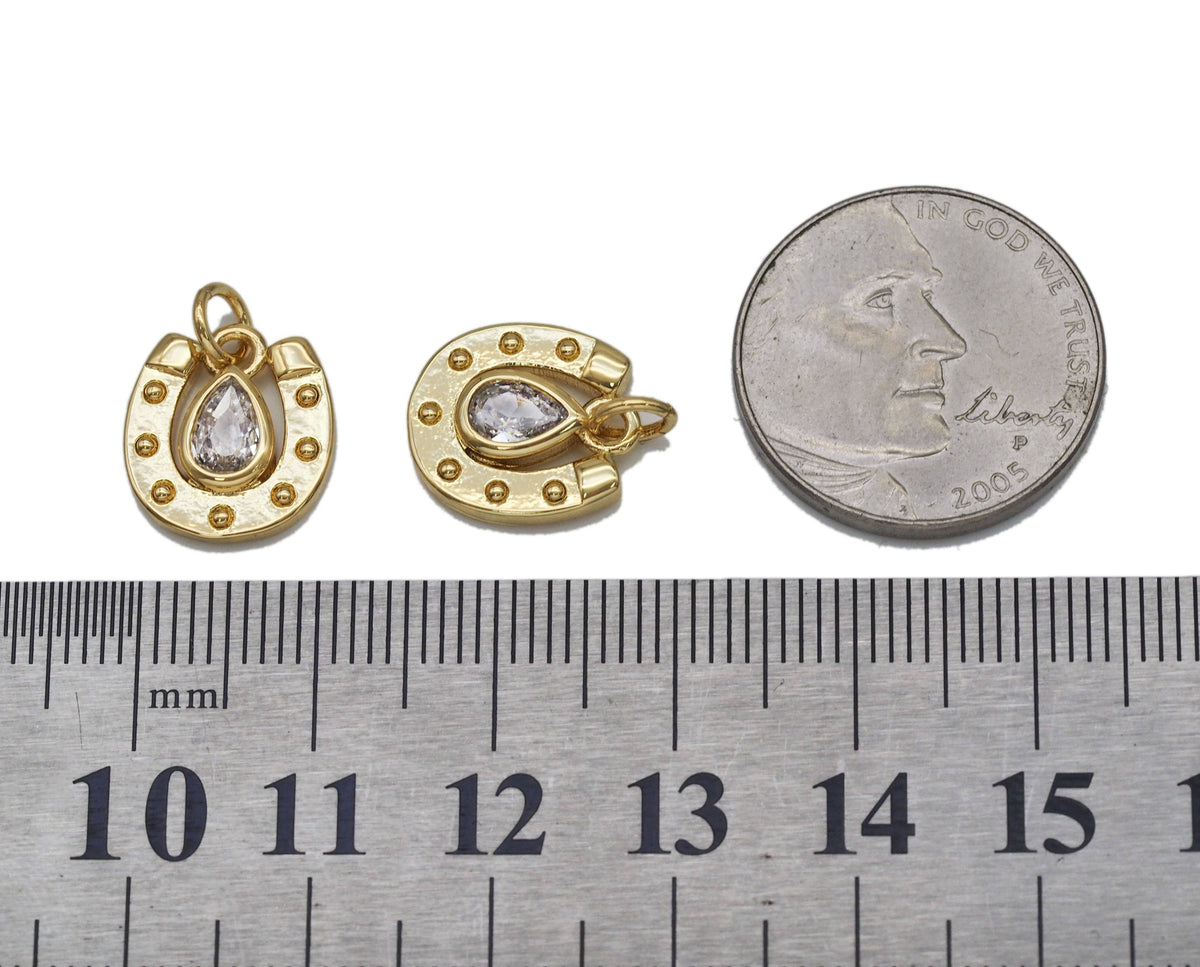 Gold Teardrop CZ On U Horseshoe Shape Charm, Sku#LK700