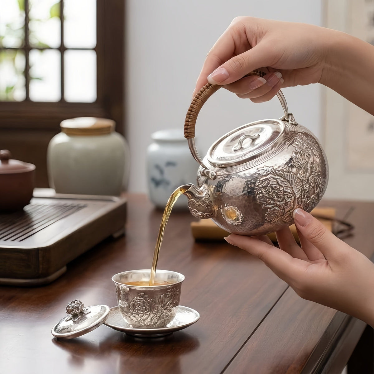925 Sterling Silver Handcrafted Sterling Silver Floral Teapot with Woven Bamboo Handle and Hammered Texture - Handicraft
