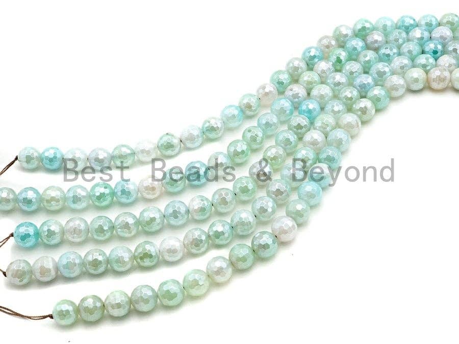 Mystic Plated Faceted Agate Beads,6mm/8mm/10mm/12mm, Ice Blue White Agate Beads,15.5" Full Strand, SKU#U443