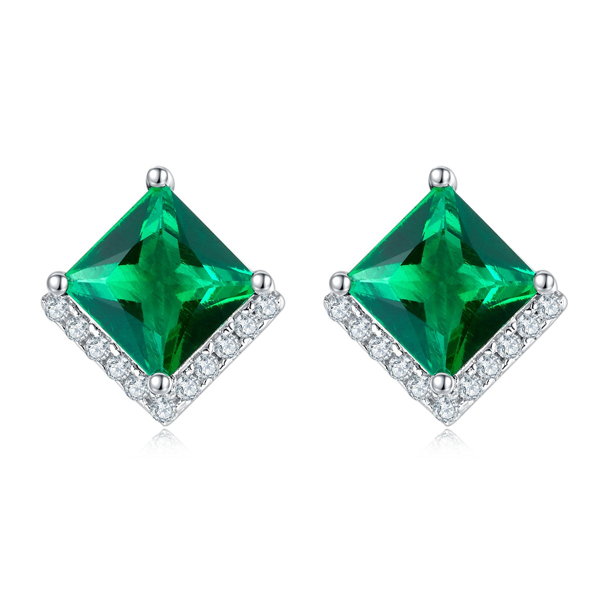 S925 Silver Platinum Plated Lab-Created Emerald Earrings, 0.3&2.5ct Princess Cut Studs, Pair