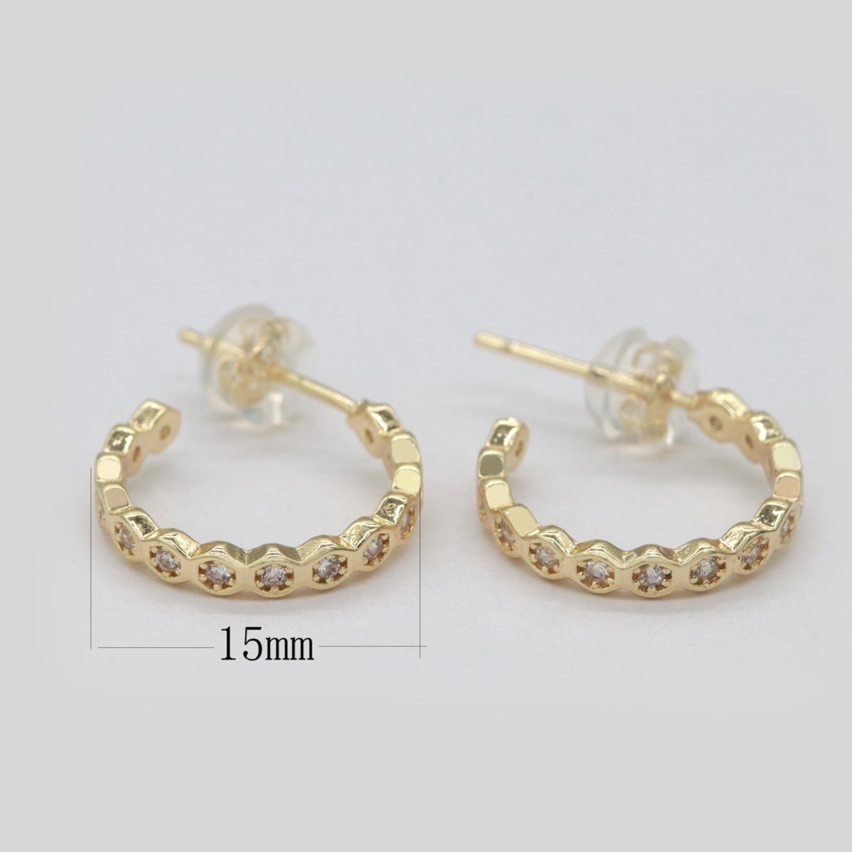 15mm Gold Hoop Earring with Geometric CZ Bezel Set P-181
