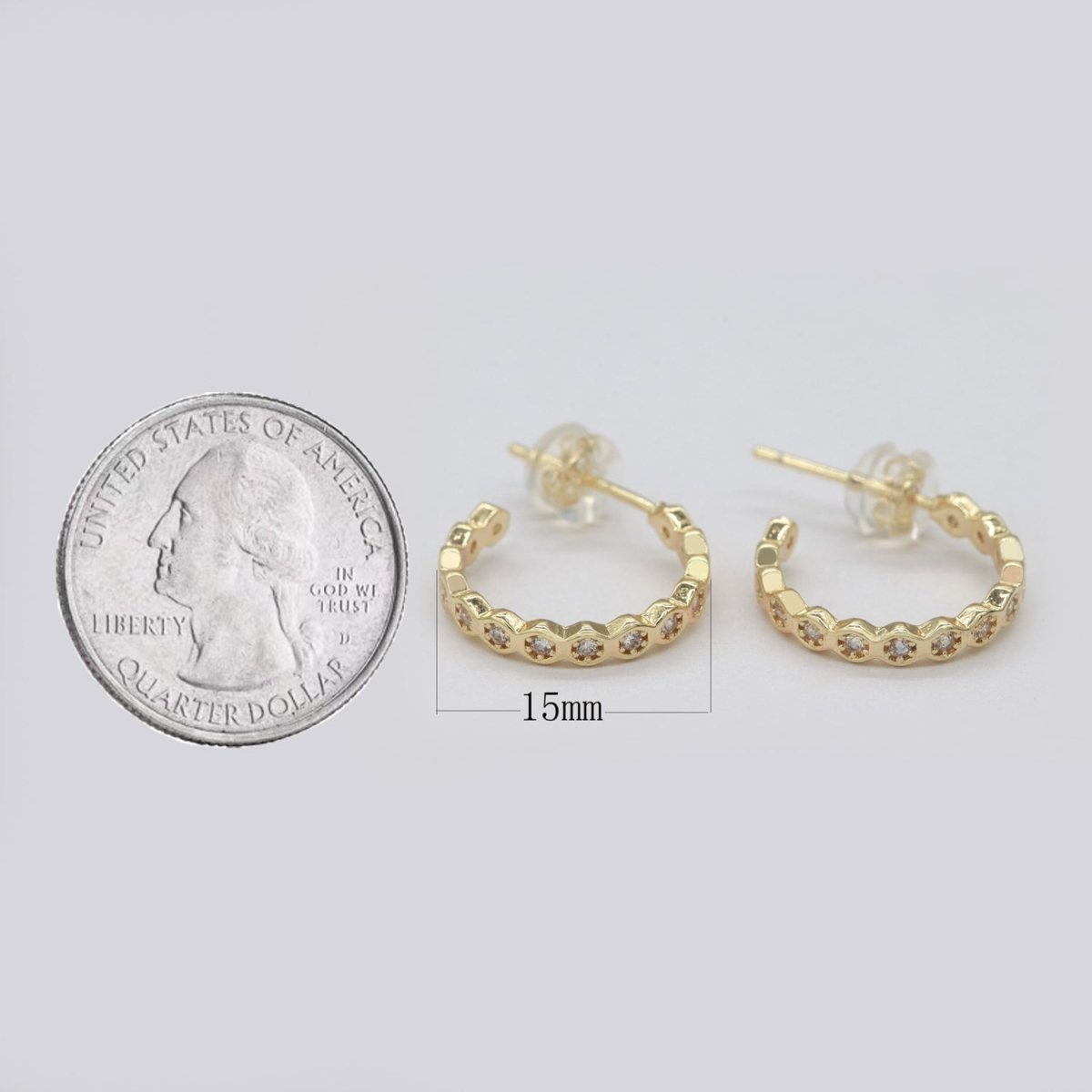 15mm Gold Hoop Earring with Geometric CZ Bezel Set P-181