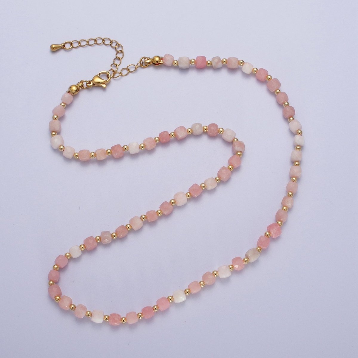 16 Inch Natural Pink Opal Multifaceted Cube Gemstone w. Gold Bead Choker Necklace | WA-1444 Clearance Pricing