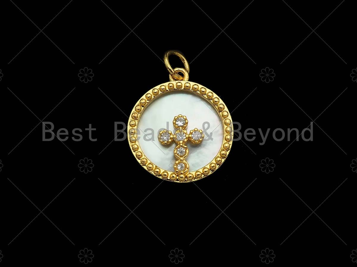 18K Gold CZ Micro Pave Cross on Mother-of-pearl Pendant ,SKU#Z1119
