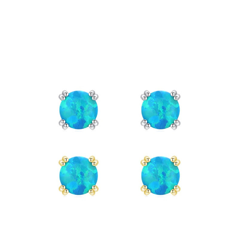 Minimalist Sterling Silver and Gold Geometric Stud Earrings with Opal Accents