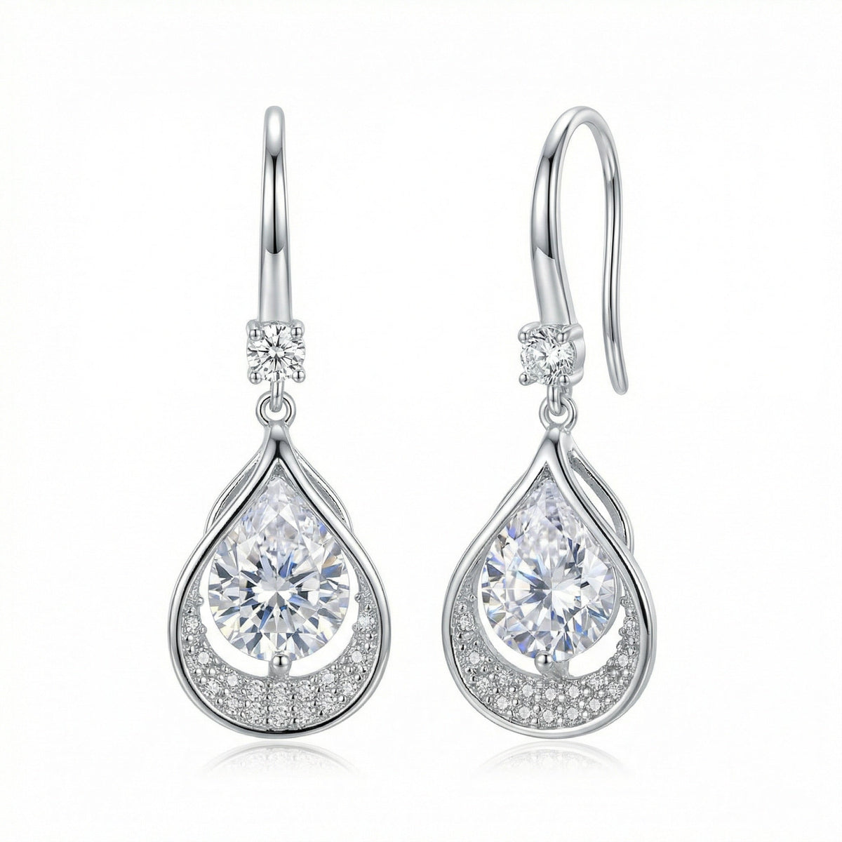 925 Sterling Silver Elegant Pear-Shaped Teardrop Halo Dangle Earrings in Sterling Silver Finish